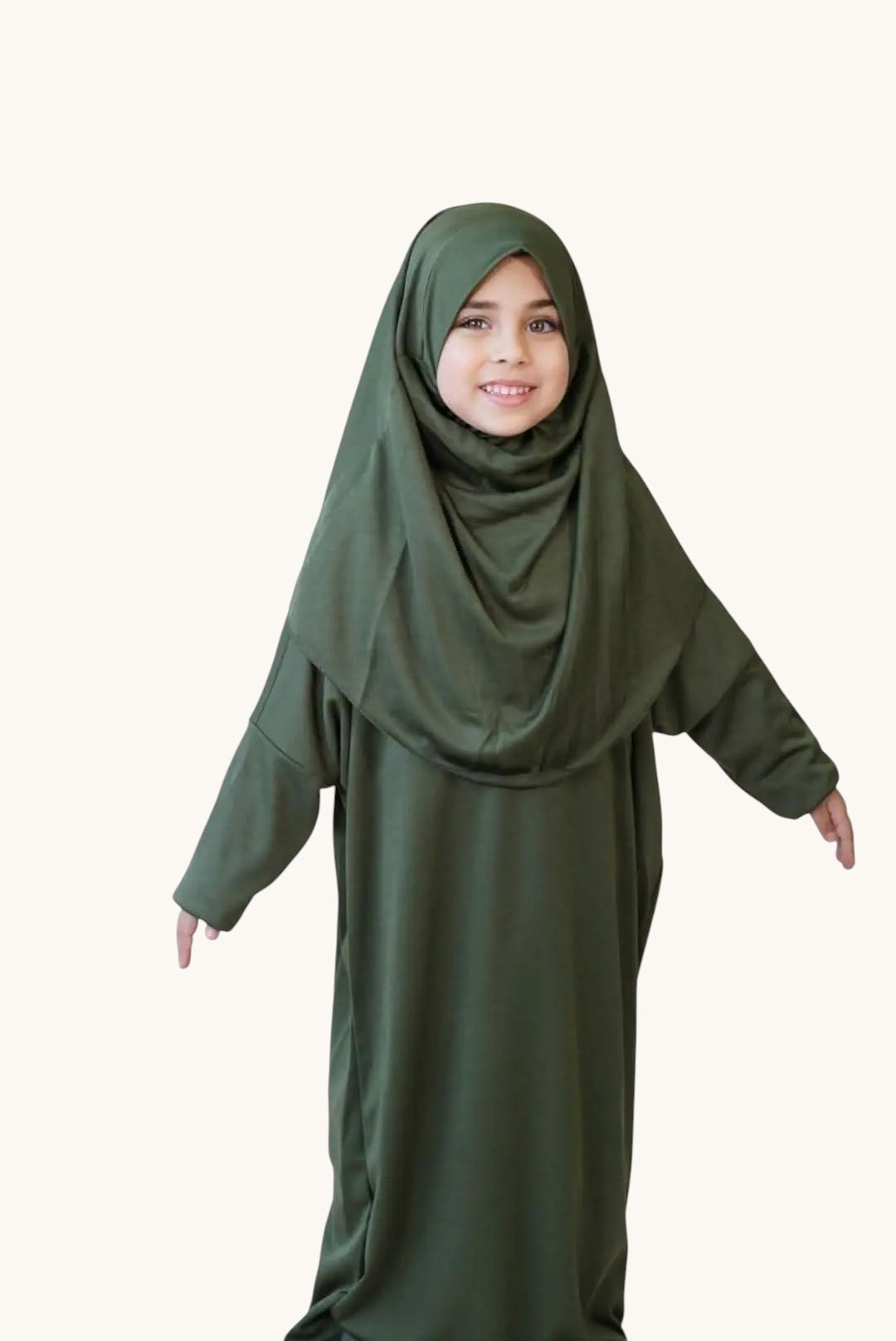 LOSYANA khaki green jersey prayer dress for children with an integrated hijab for comfortable daily prayer