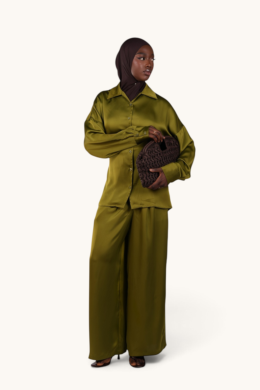 LOSYANA La Laguna lime green satin two-piece set with button-down blouse and wide-leg trousers on a model