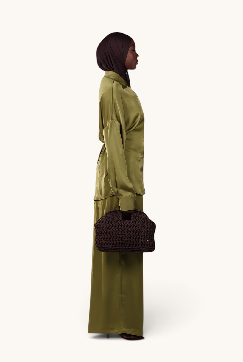 LOSYANA La Laguna satin two-piece set in soft thyme with a button-down blouse and wide-leg trousers on a model