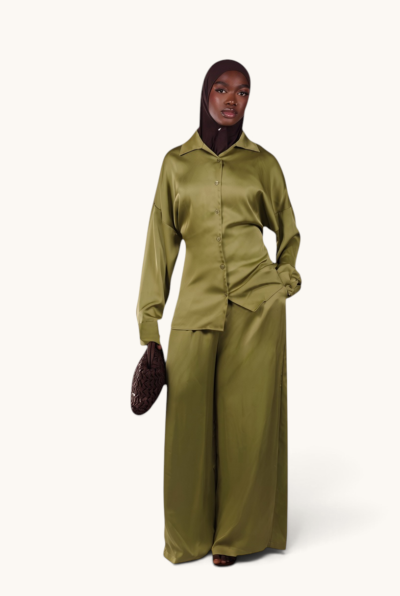 LOSYANA La Laguna satin two-piece set in soft thyme green with a button-down blouse and wide-leg trousers.