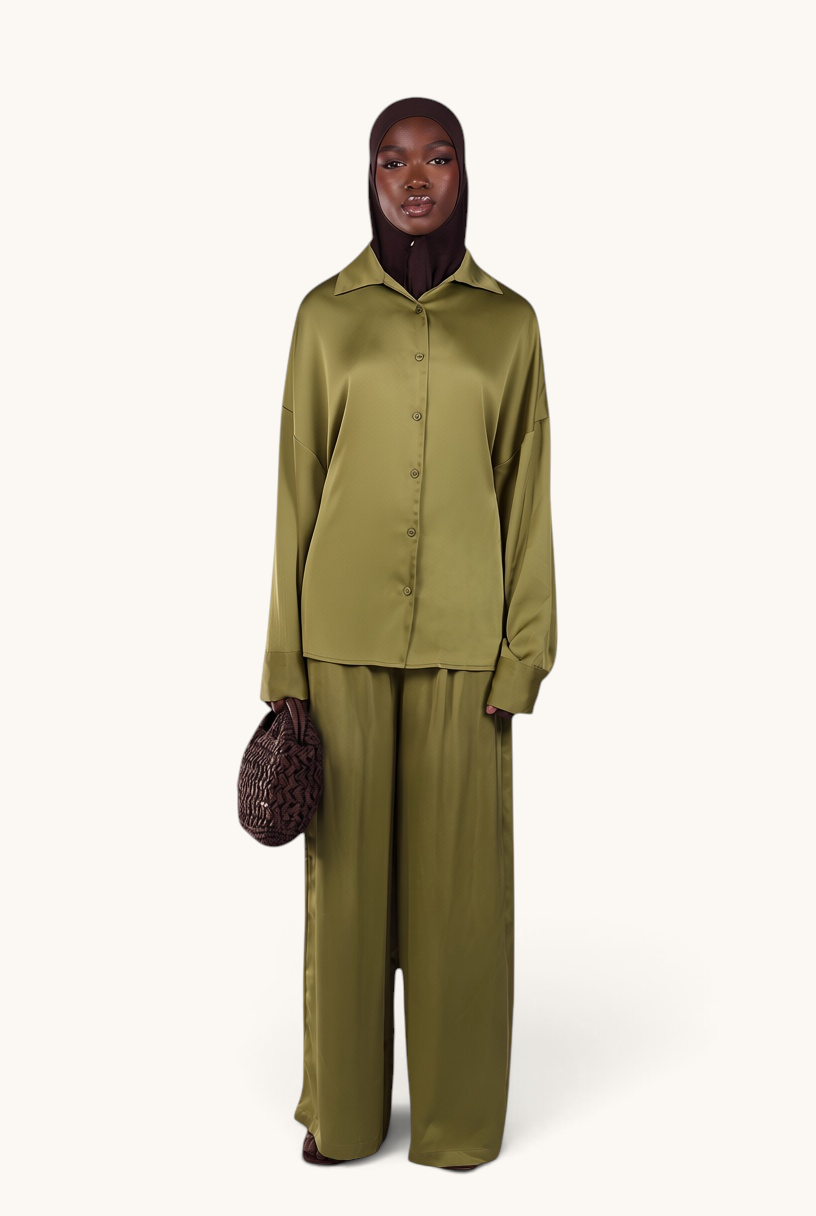 LOSYANA La Laguna satin two-piece set in soft thyme with wide-leg trousers and button-down blouse on a model