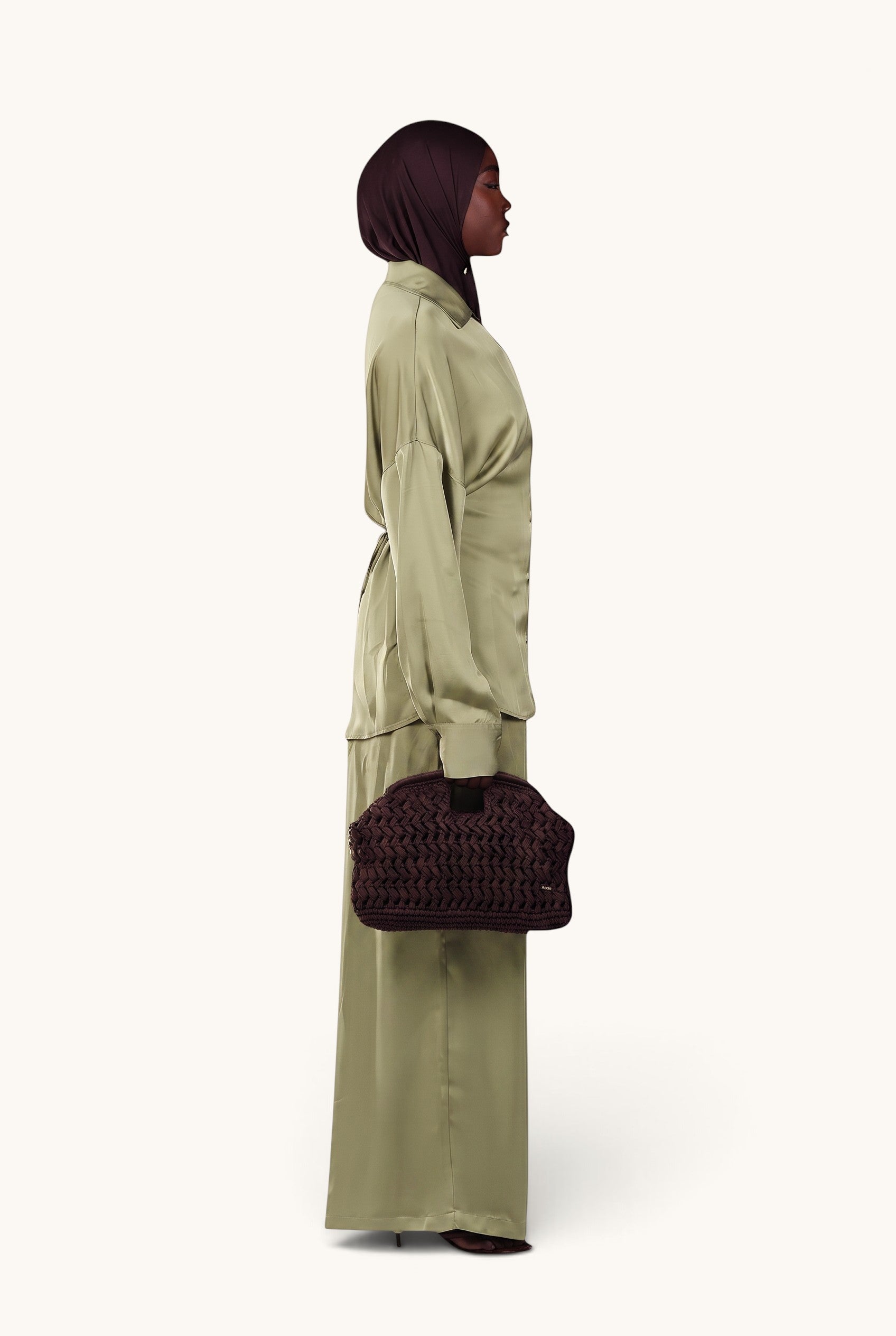 LOSYANA La Laguna satin two-piece set in soft thyme with tie-waist blouse and wide-leg trousers, side view