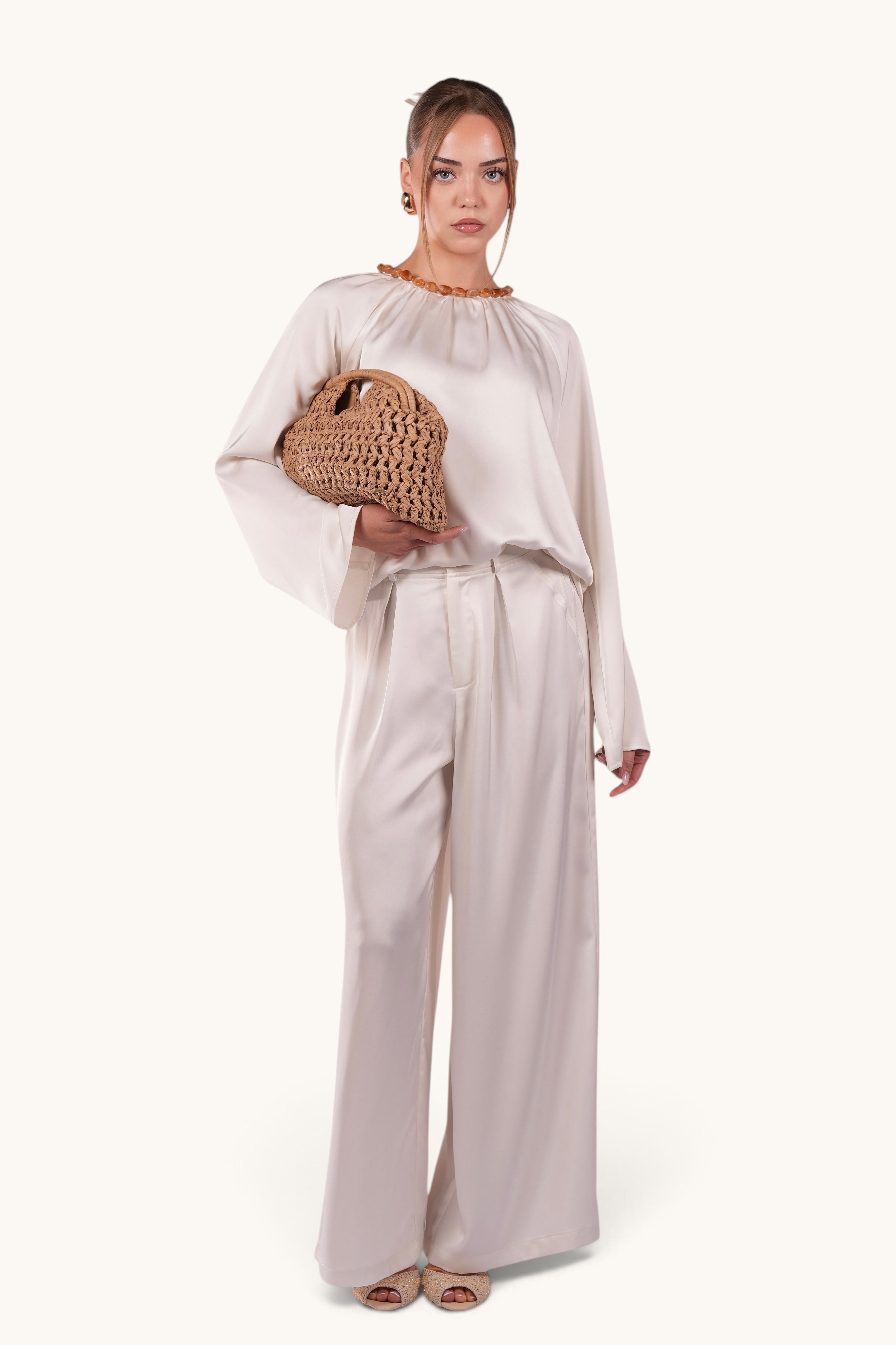 LOSYANA La Marina pearl white satin two-piece set with wide-leg trousers and an acrylic stone embellished neckline.