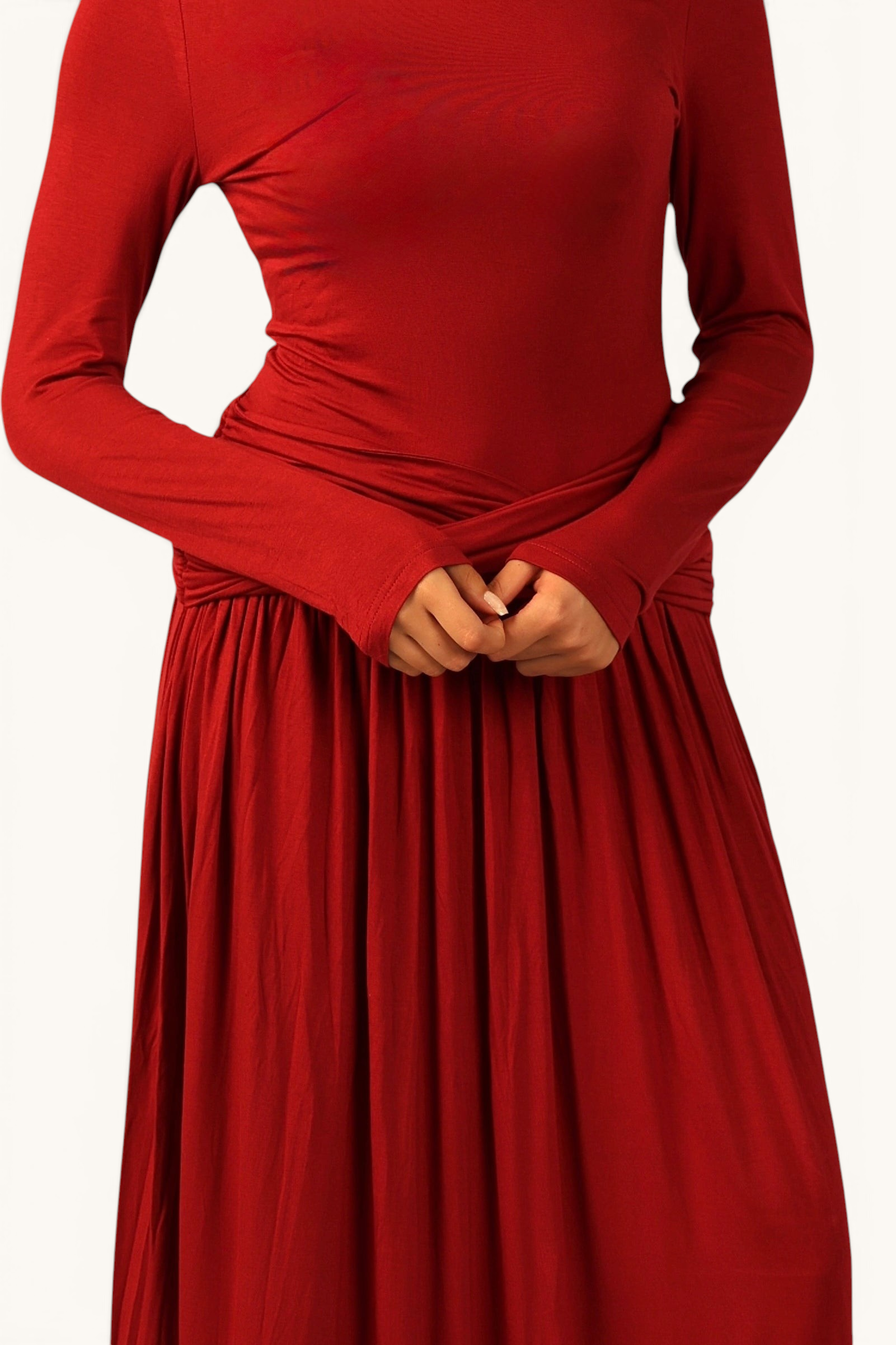 LOSYANA Marbella rotes Jersey-Kleid mit langen Ärmeln und elegantem Knotendetail an der Hüfte