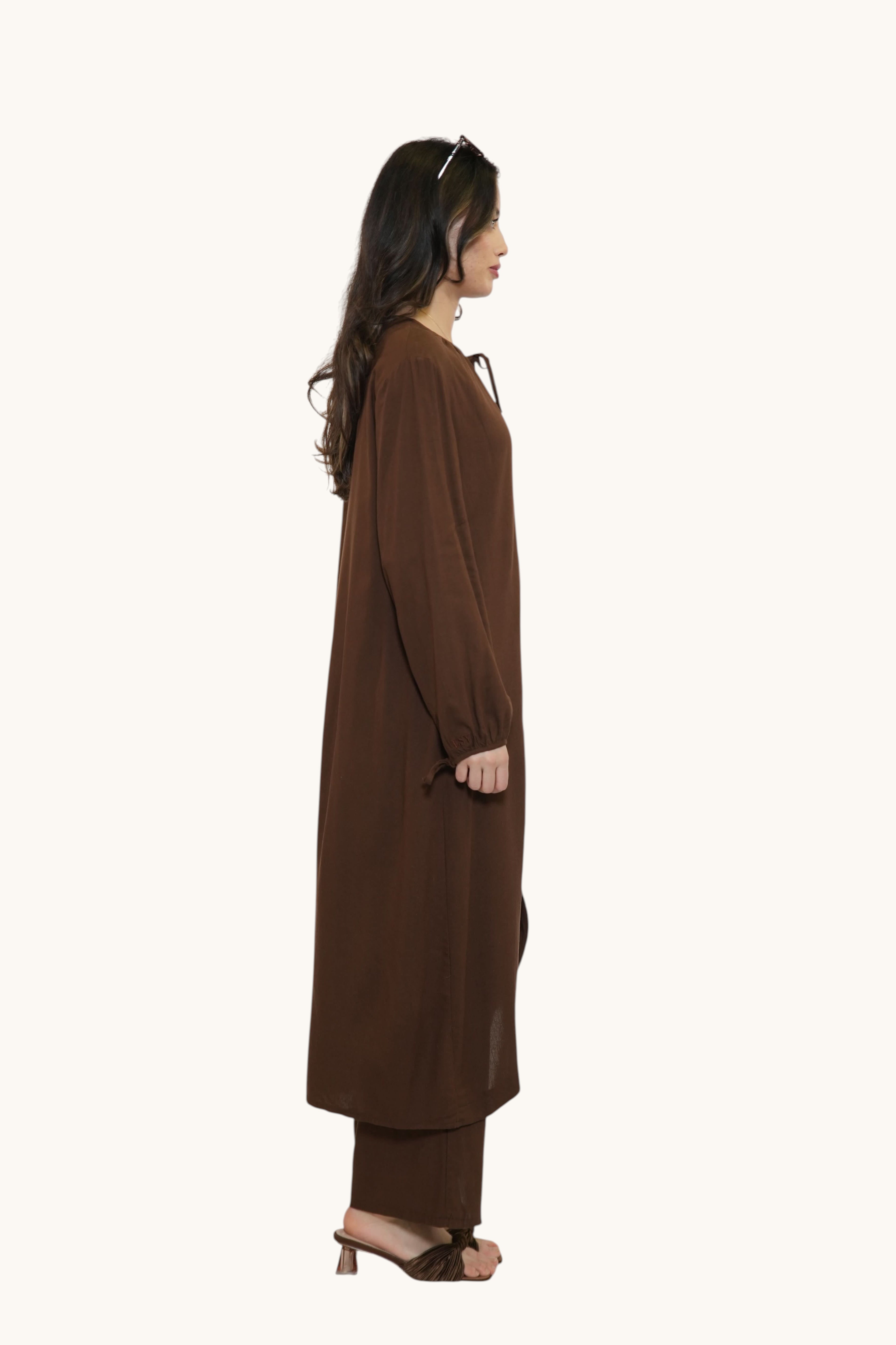 LOSYANA Mediterranean Breeze set in brown sugar featuring a cotton-linen tunic with bow details and matching trousers