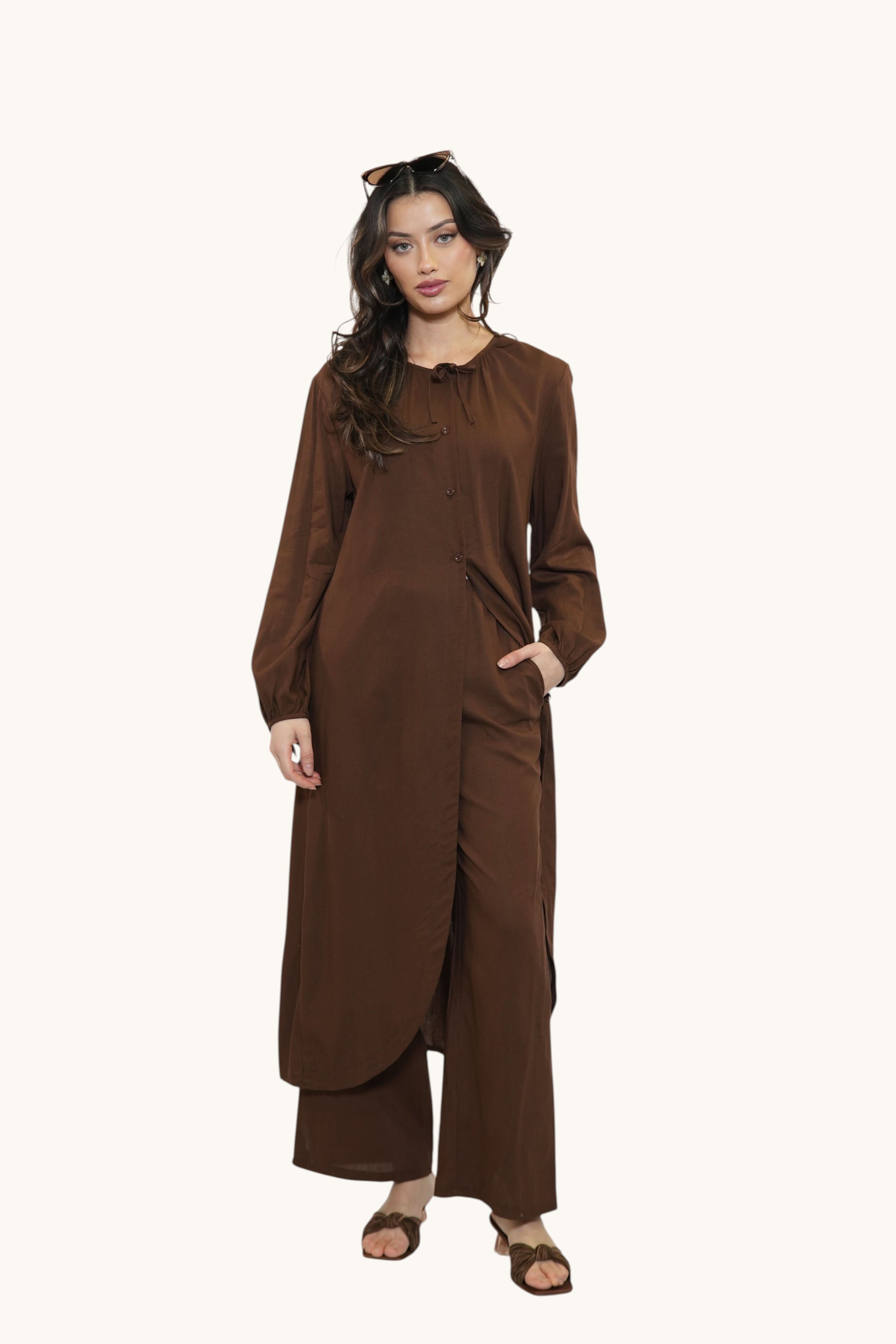 LOSYANA Mediterranean Breeze set in brown sugar featuring a long button-down tunic and wide-leg trousers in linen mix.