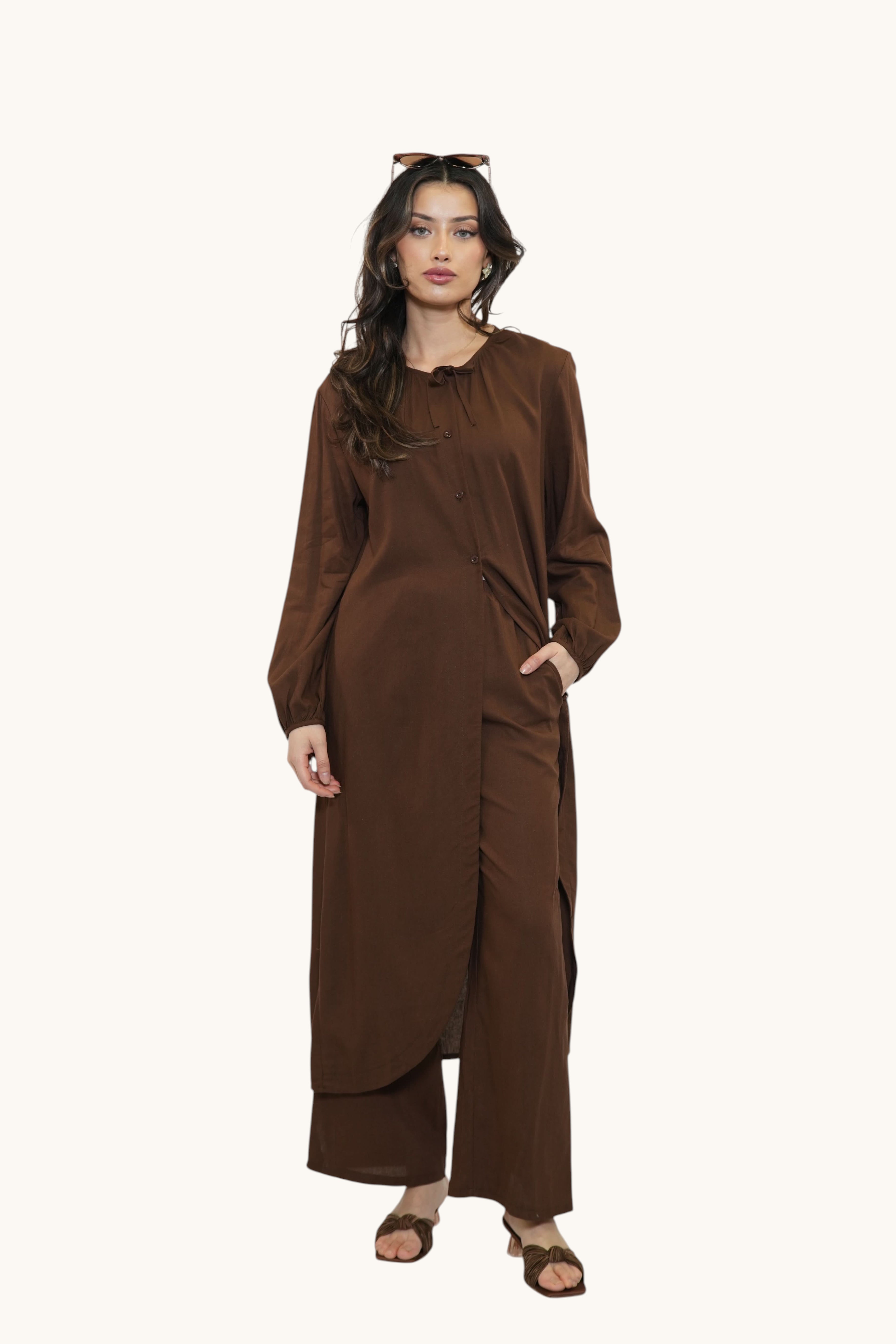 LOSYANA Mediterranean Breeze set in brown sugar featuring a long-sleeved tunic with bow details and matching trousers.