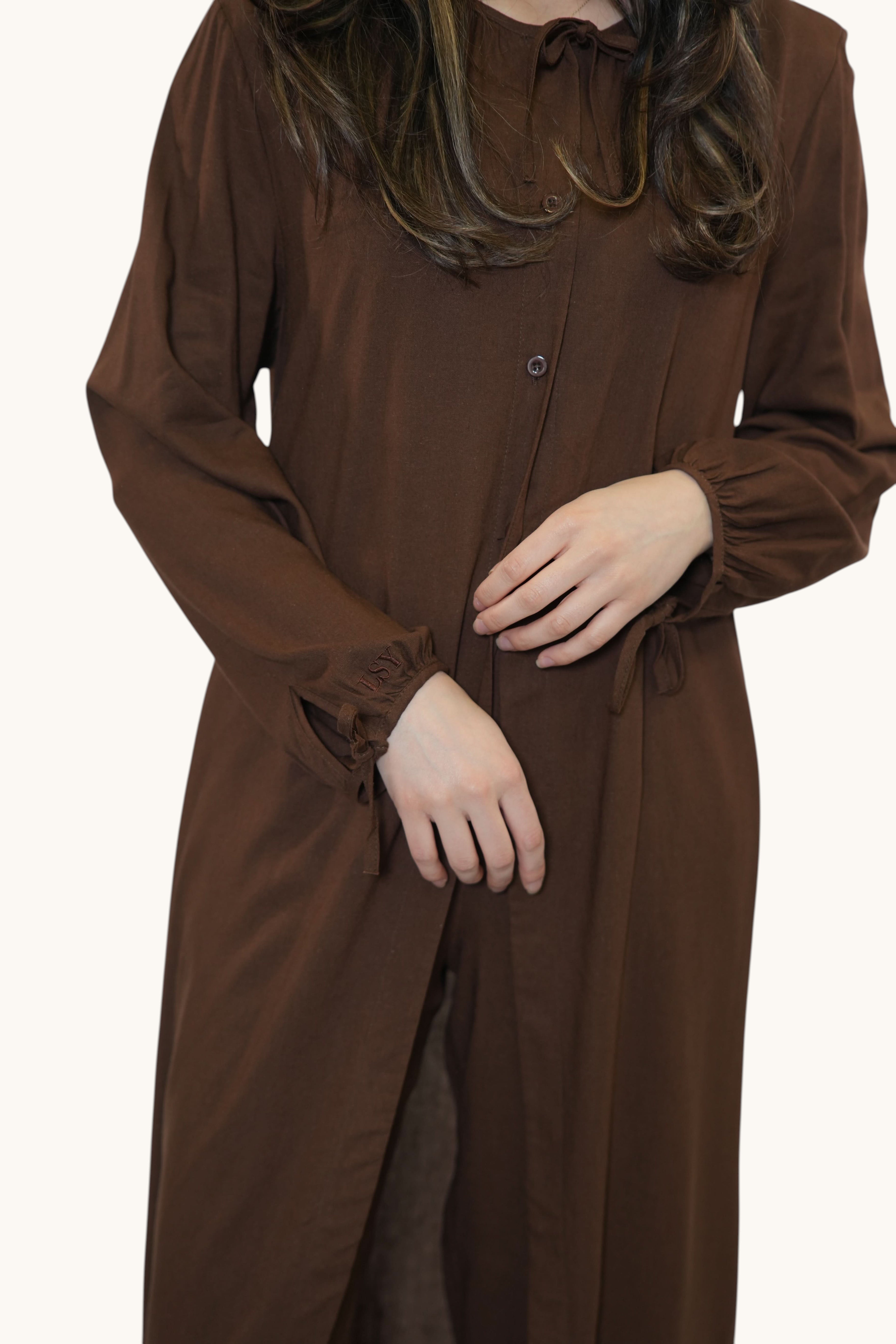 LOSYANA Mediterranean Breeze set in brown sugar featuring long sleeves with bow details and a button-down front.