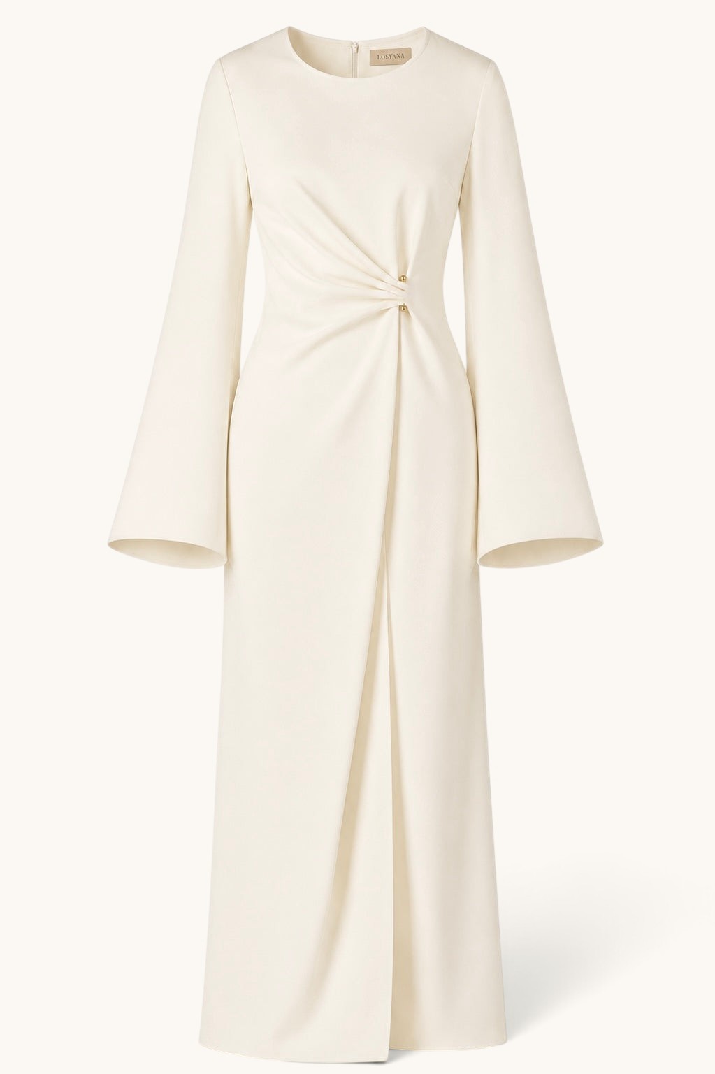 LOSYANA Valencia cream maxi dress with trumpet sleeves, gathered waist, and elegant gold hardware detail.