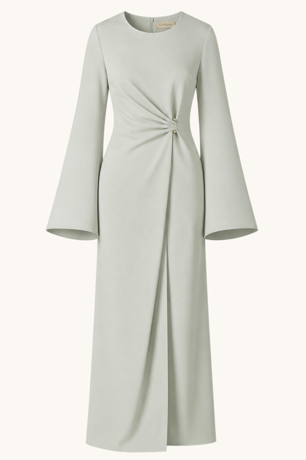 LOSYANA Valencia mint green maxi dress with trumpet sleeves, gathered waist, and elegant gold hardware detail.