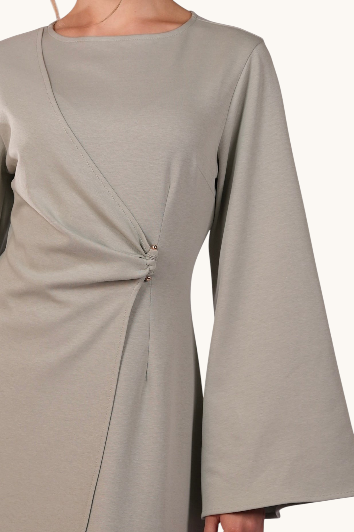 LOSYANA Valencia mint maxi dress with trumpet sleeves and elegant gold waist detail