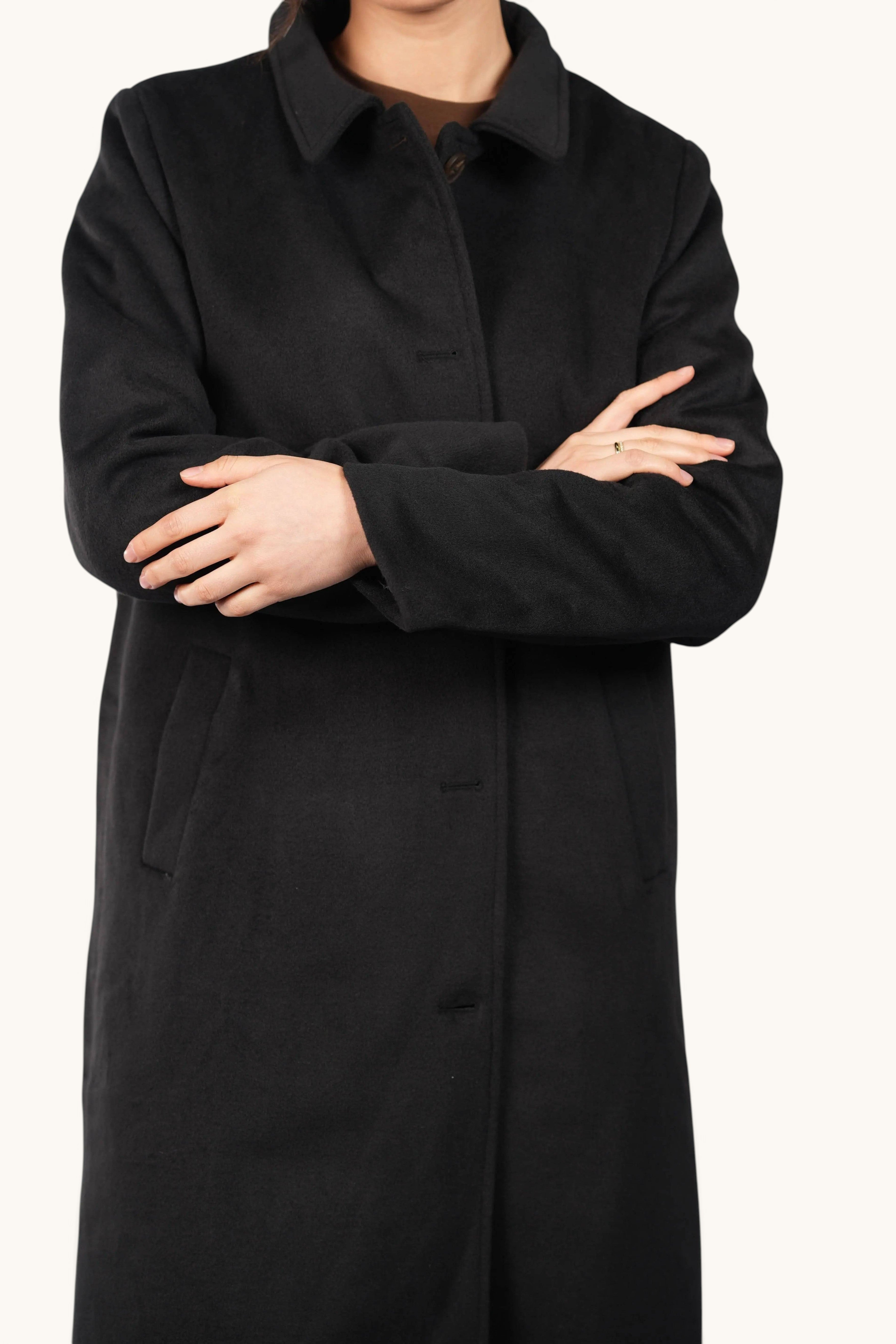 LOSYANA The Vienna Coat in black, a classic elegant winter coat with a structured collar and button-front closure.