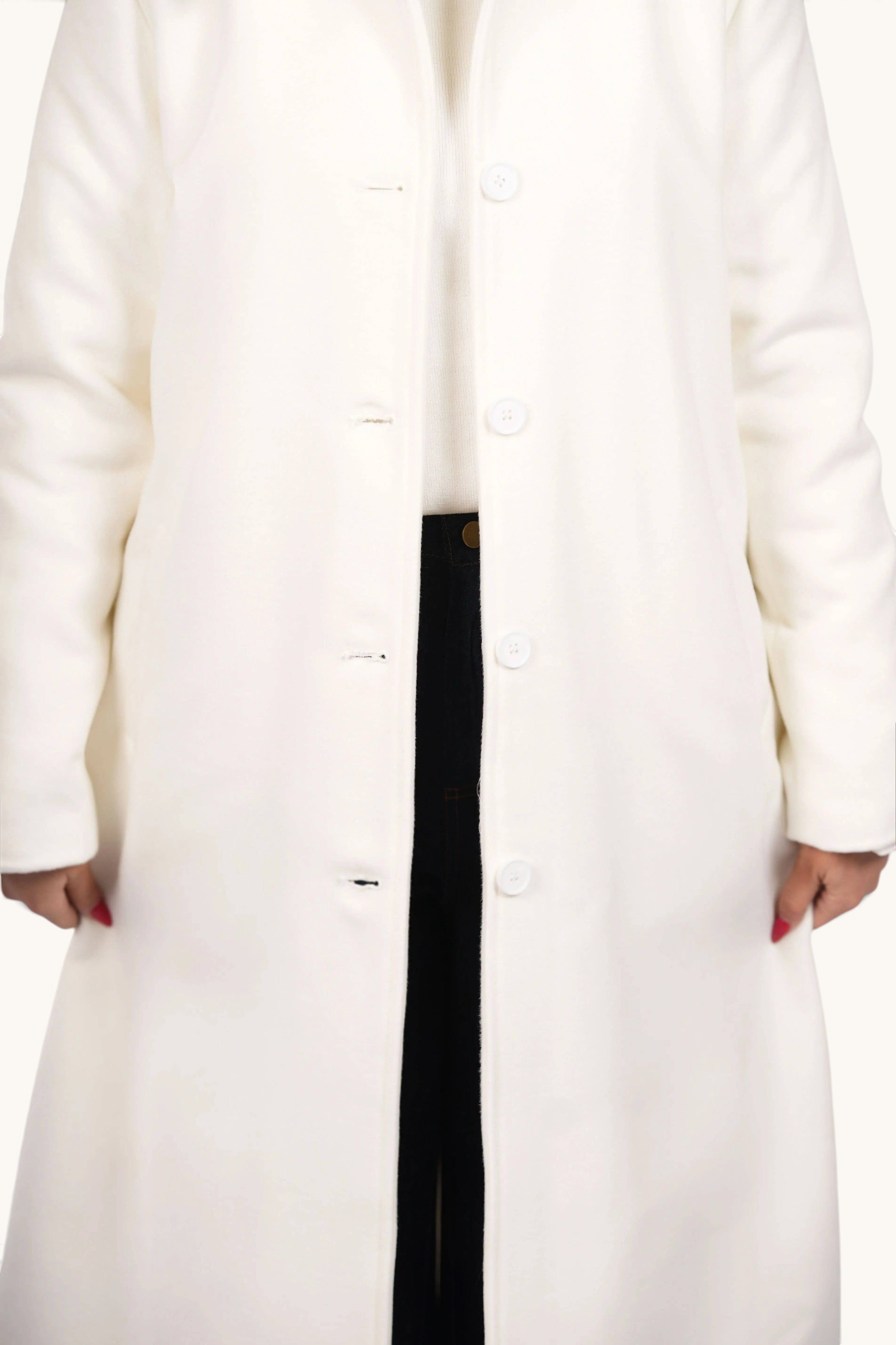 LOSYANA The Vienna Coat in white, a long elegant button-down winter coat with a clean tailored silhouette.